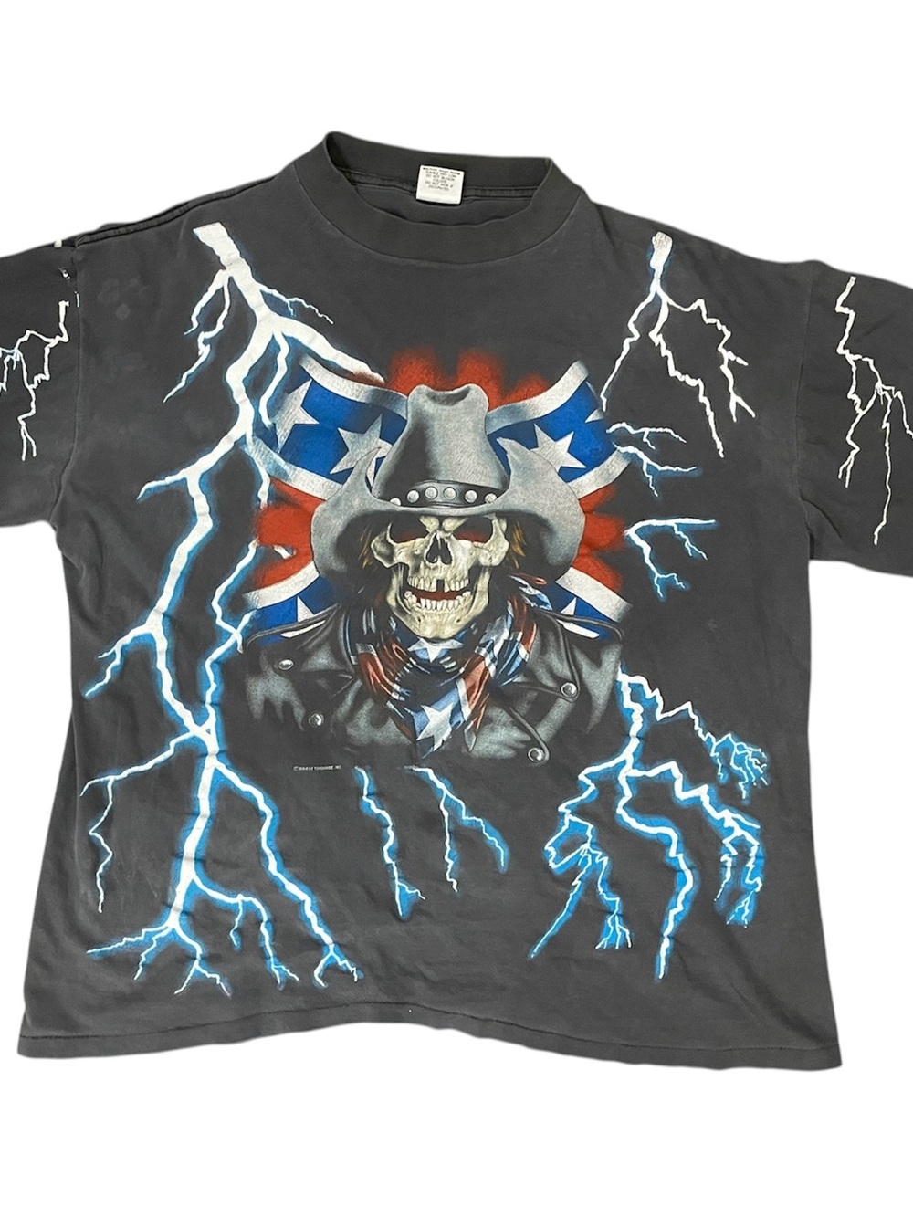 Faded VINTAGE 1990S AMERICAN THUNDER SKULL COWBOY REBEL  SHIRT DOUBLE SIDED RARE